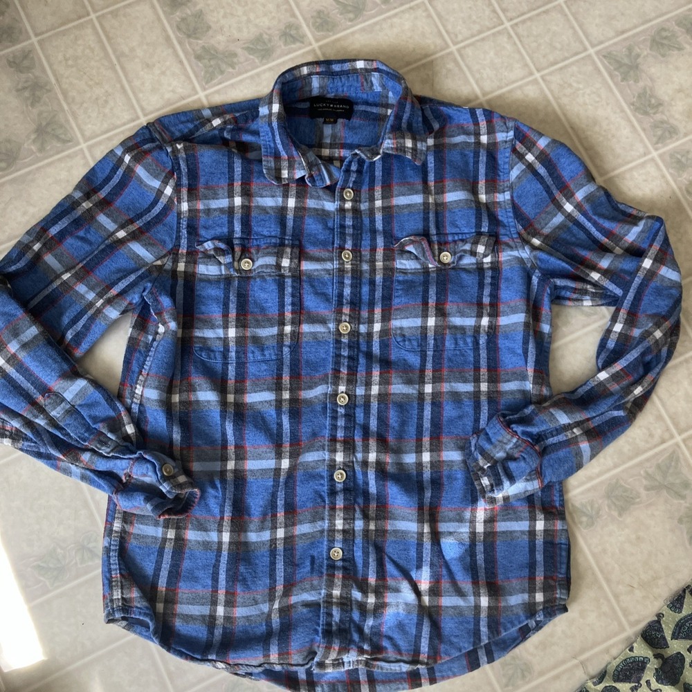 Lucky Brand Plaid Blue gray Flannel Button Down Shirt Cozy Lumberjack Casual